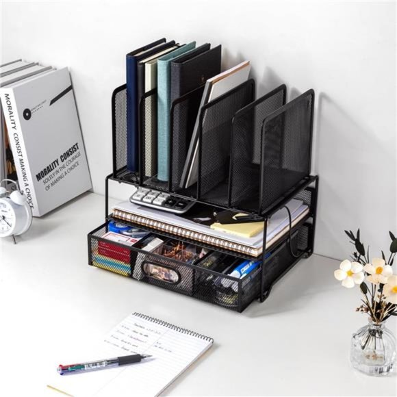 Mesh Desk Organizer with Sliding Drawer, Double Tray, Black - Picture 5 of 7